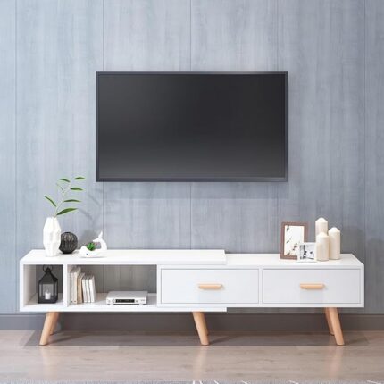 TV Stand, Low Profile TV Stand with Wood Open Shelves Storage, with Drawers Media Console Table, Entertainment Center for Bedroom, Living Room,White 198 x 30 x 40 cm.